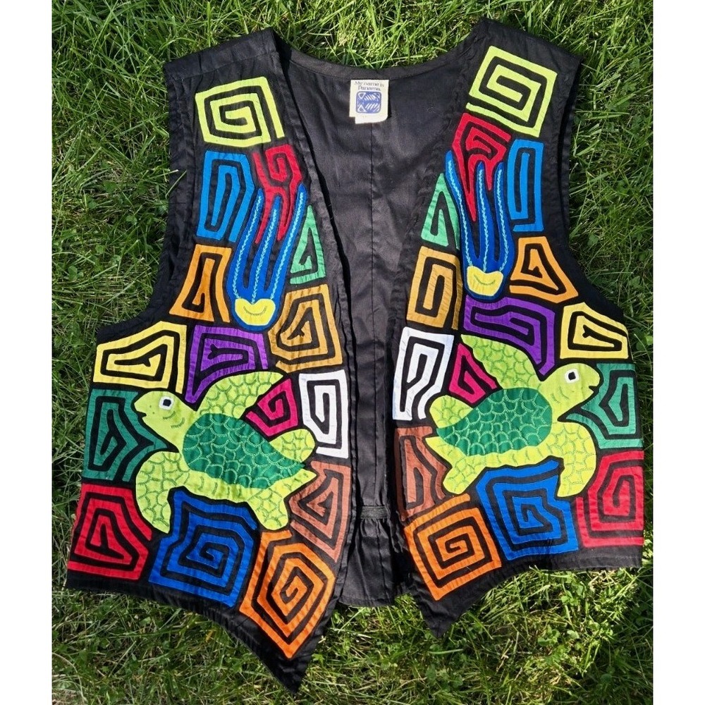 Vintage My Name Is Panama XXL Mola Turtle Embroidered Vest Cotton Folk Art